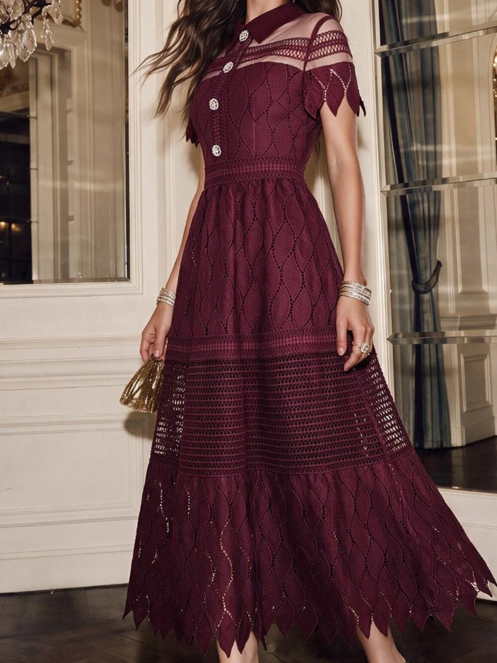 Burgundy Elegant Women's Contrast Lace Ruffle Hem A-Line Dress
